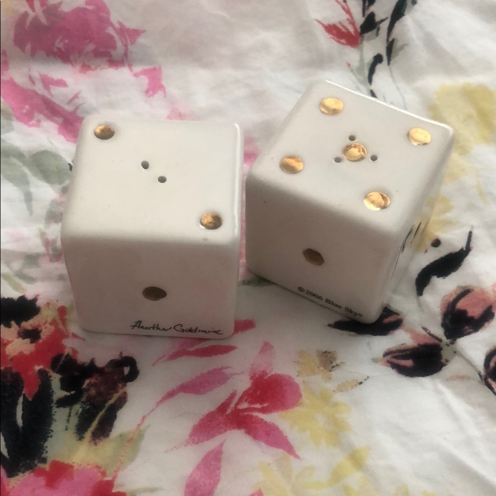 Heather Goldminc Blue Sky White and Gold Dice Salt and Pepper Shakers